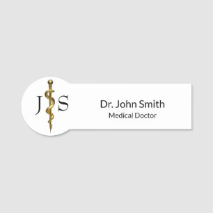 Medical Classy Gold on White Rod of Asclepius Name Tag