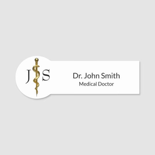 Medical Classy Gold on White Rod of Asclepius Name Tag