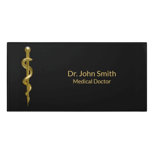 Medical Classy Rod of Asclepius Gold on Black Door Sign