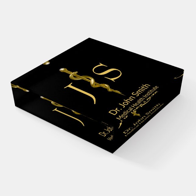 Medical Classy Rod of Asclepius Gold on Black Paperweight (Angled)