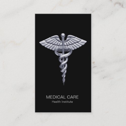 Medical Classy Silver Caduceus on Black Business Card