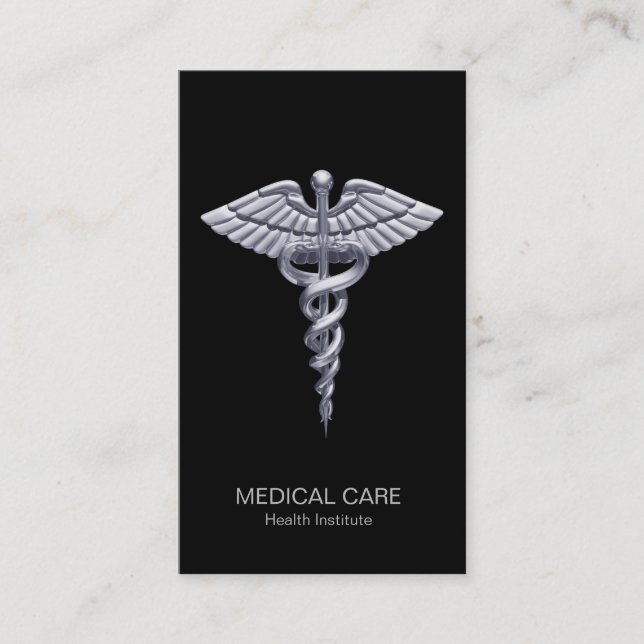 Medical Classy Silver Caduceus on Black Business Card (Front)