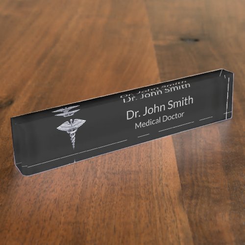 Medical Classy Silver Caduceus on Black Desk Name Plate
