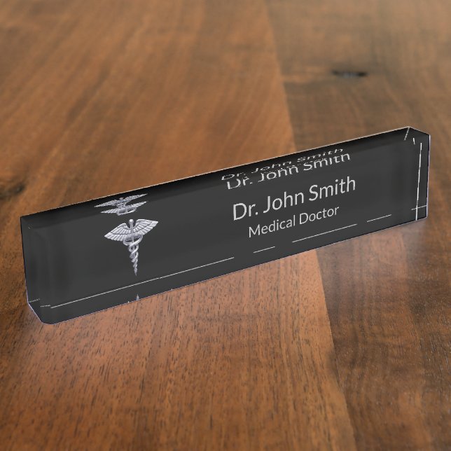 Medical Classy Silver Caduceus on Black Desk Name Plate (Side)