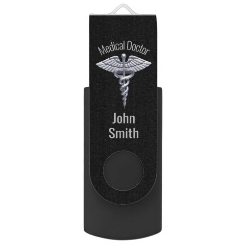 Medical Classy Silver Caduceus on Black Flash Drive