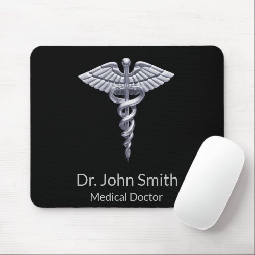 Medical Classy Silver Caduceus on Black Mouse Pad