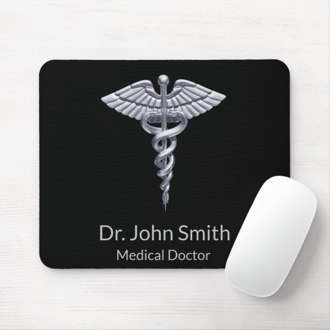 Medical Classy Silver Caduceus on Black Mouse Pad (With Mouse)