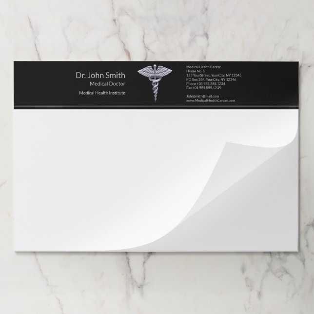 Medical Classy Silver Caduceus on Black Paper Pad (Folded)