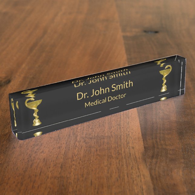 Medical Classy Snake Bowl Hygieia Gold Caduceus Desk Name Plate (Side)