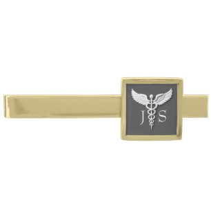 Medical Clean White Detailed Caduceus Monogram Gold Finish Tie Bar