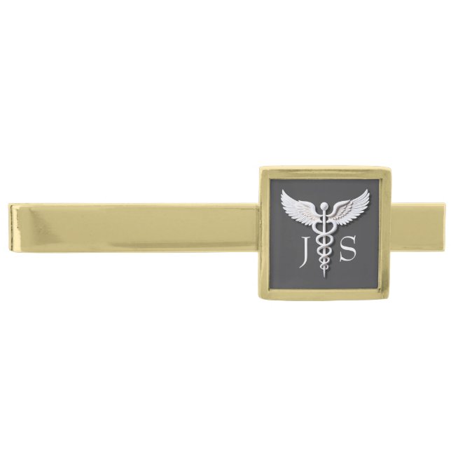 Medical Clean White Detailed Caduceus Monogram Gold Finish Tie Bar (Front)