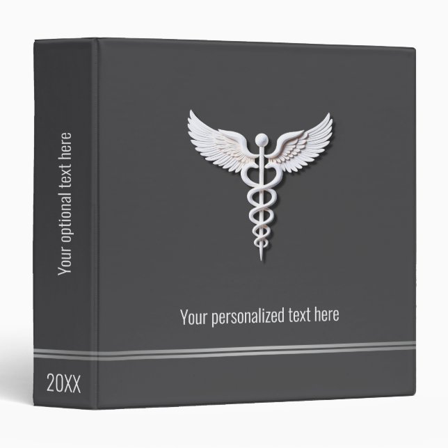 Medical Clean White Detailed Caduceus Warm Gray 3 Ring Binder (Front/Spine)