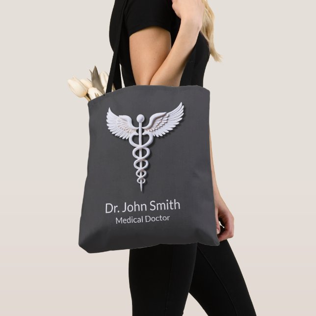 Medical Clean White Detailed Caduceus Warm Gray Tote Bag (Close Up)