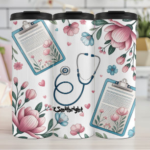 Medical Clipboard Stethoscope Floral Pattern Thermal Tumbler