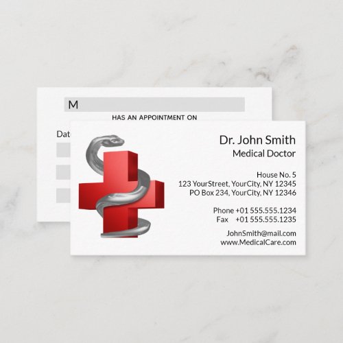 Medical Cross Red Symbol Silver Serpent Snake Appointment Card
