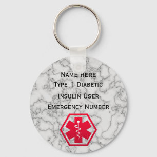Medical Diabetic Alert Personalized Type 1 or 2 Keychain