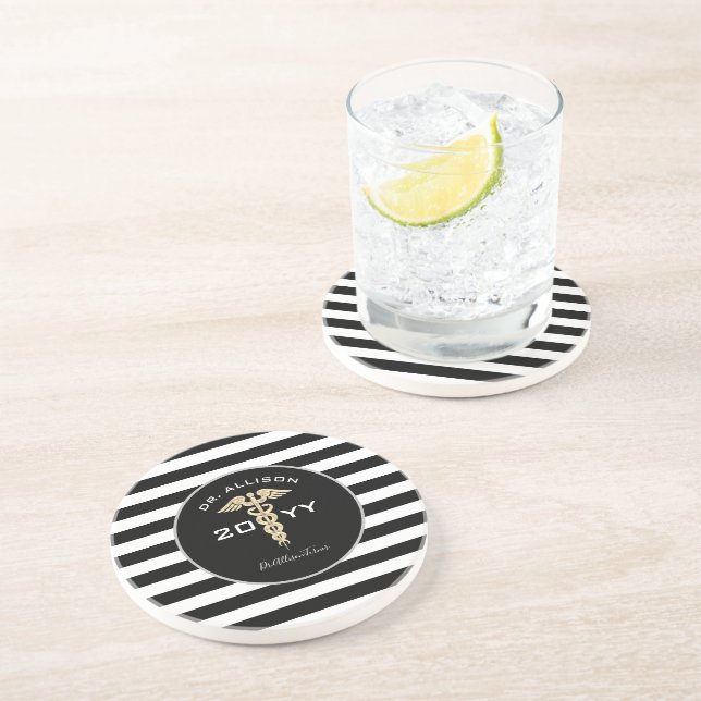 Medical Doctor Caduceus Black White Personalized Coaster (Side)