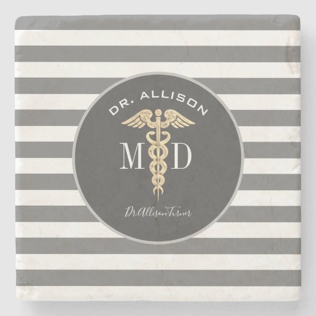 Medical Doctor Caduceus Grey Personalized Stone Coaster (Front)