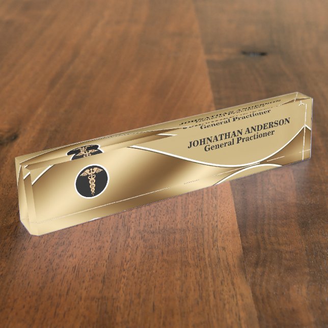 Medical doctor healthcare faux gold caduceus desk name plate (Side)