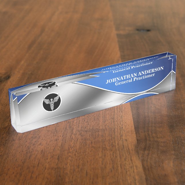 Medical doctor healthcare silver caduceus blue desk name plate (Side)