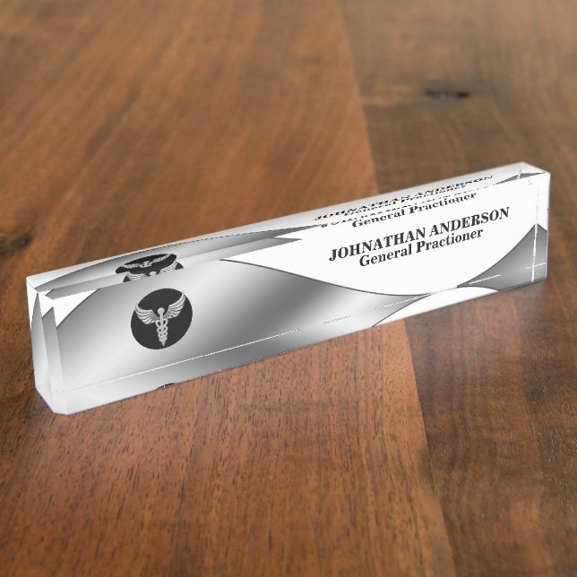 Medical doctor healthcare silver caduceus on black desk name plate (Side)