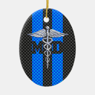 Medical Doctor MD Caduceus Carbon Fiber Stripes Ceramic Ornament