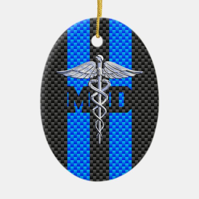 Medical Doctor MD Caduceus Carbon Fiber Stripes Ceramic Ornament (Front)