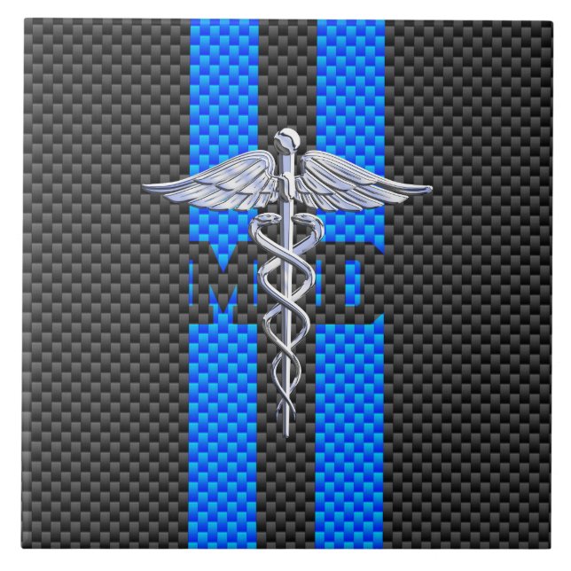 Medical Doctor MD Caduceus Carbon Fiber Stripes Ceramic Tile (Front)
