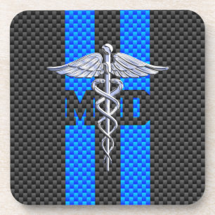 Medical Doctor MD Caduceus Carbon Fiber Stripes Drink Coaster