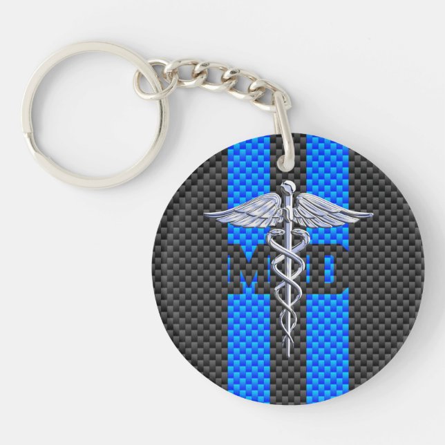 Medical Doctor MD Caduceus Carbon Fiber Stripes Keychain (Front)