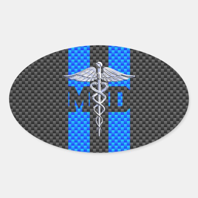 Medical Doctor MD Caduceus Carbon Fiber Stripes Oval Sticker (Front)