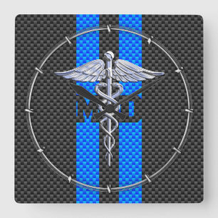 Medical Doctor MD Caduceus Carbon Fiber Stripes Square Wall Clock