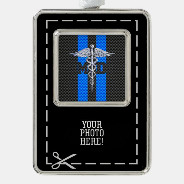 Medical Doctor MD Caduceus on Blue Stripes Ornament (Front)