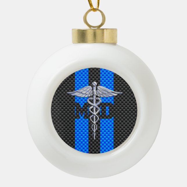 Medical Doctor MD Caduceus on Carbon Fiber Style Ceramic Ball Christmas Ornament (Front)