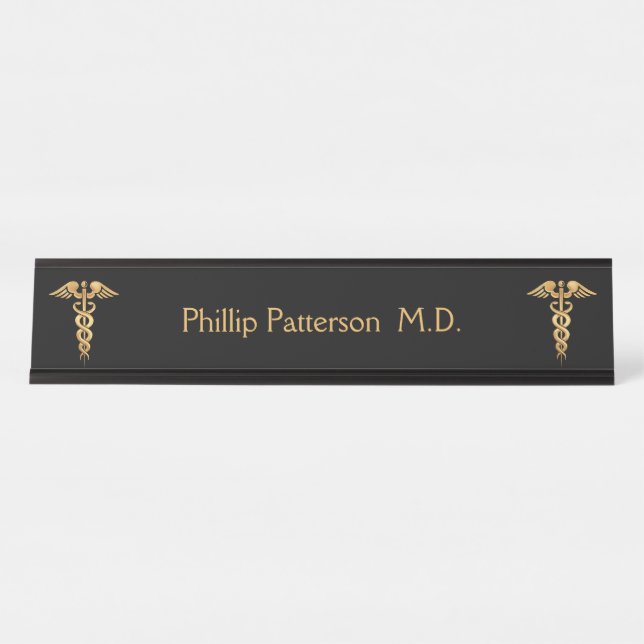 Medical Doctor or Nurse Black and Gold Desk Name Plate (Front)