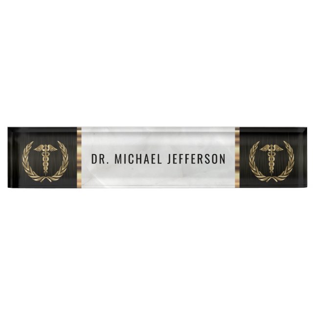 Medical Doctor / Staff  Black, White Marble & Gold Desk Name Plate (Front)