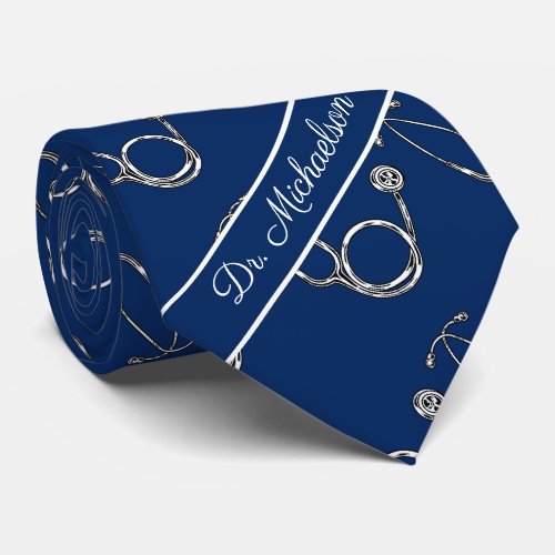 Medical Doctor Stethoscope Pattern Physician Blue Neck Tie