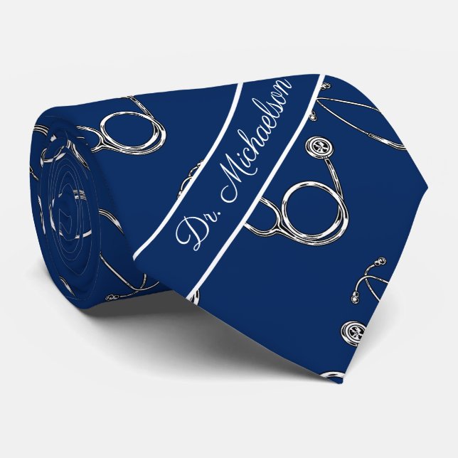 Medical Doctor Stethoscope Pattern Physician Blue Neck Tie (Rolled)