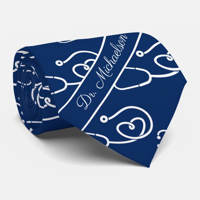 Medical Doctor Stethoscope Pattern Physician Blue Neck Tie (Rolled)
