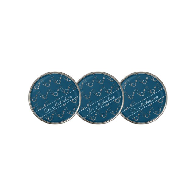 Medical Doctor Stethoscope Pattern Physician Name Golf Ball Marker (3 Up)