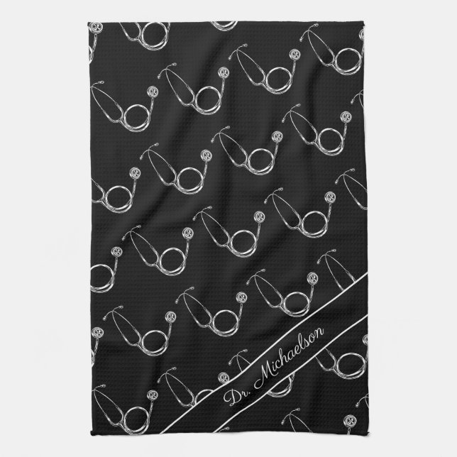 Medical Doctor Stethoscope Pattern Physician Name Kitchen Towel (Vertical)