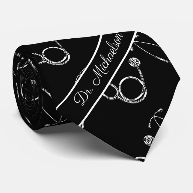 Medical Doctor Stethoscope Pattern Physician Name Neck Tie (Rolled)