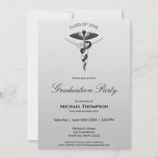 Medical Elegant Black White Caduceus Graduation Invitation (Front)