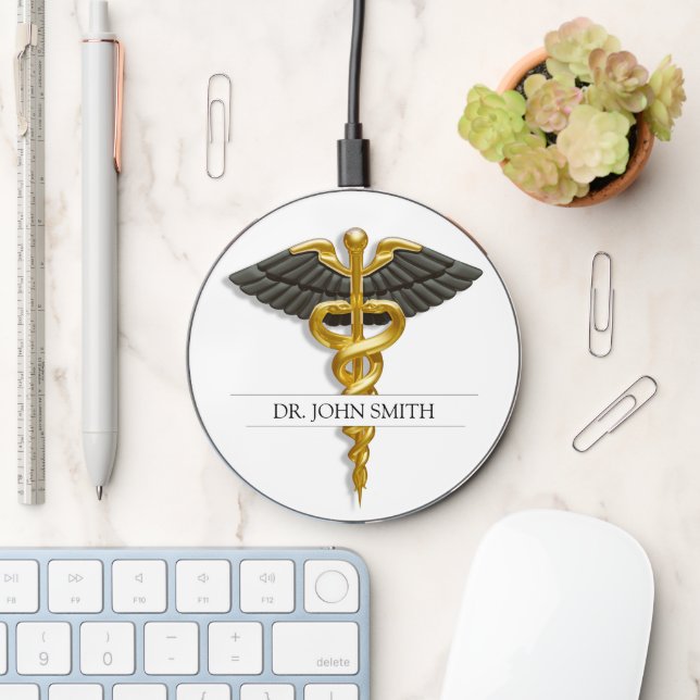 Medical Elegant Gold Caduceus Black Wings Classy Wireless Charger (Desk)