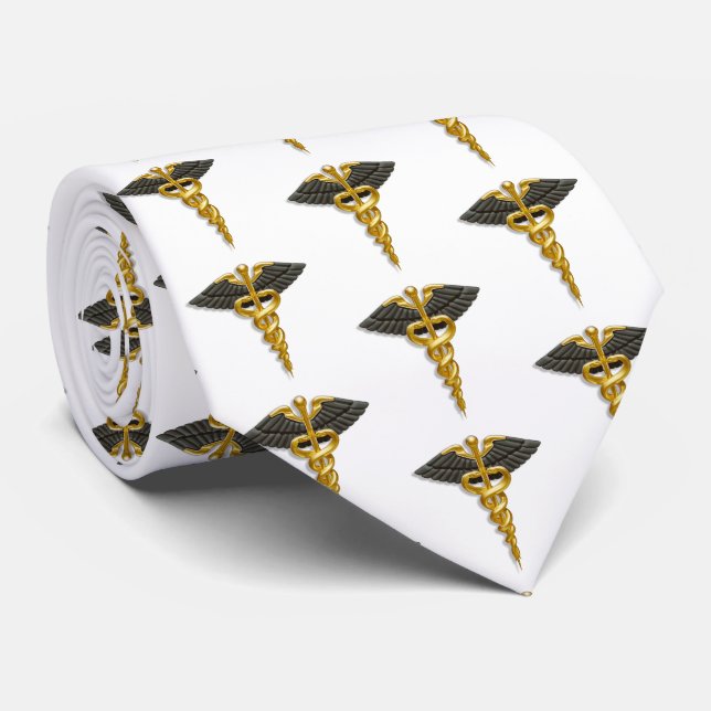 Medical Elegant Gold Caduceus Black Wings Pattern Neck Tie (Rolled)