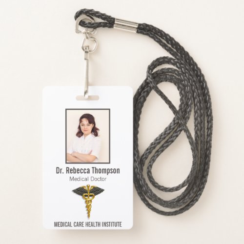 Medical Elegant Gold Caduceus Black Wings Photo ID Badge