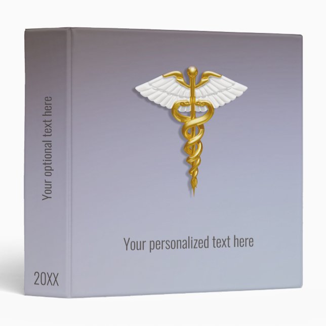 Medical Elegant Gold Caduceus White Wings 3 Ring Binder (Front/Spine)