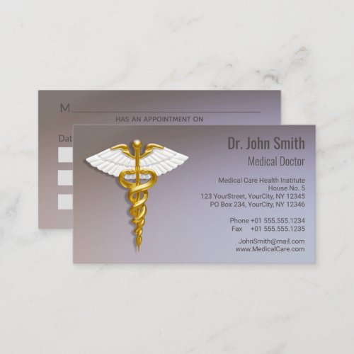 Medical Elegant Gold Caduceus White Wings Appointment Card
