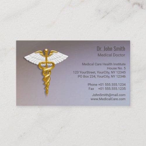 Medical Elegant Gold Caduceus White Wings Business Card