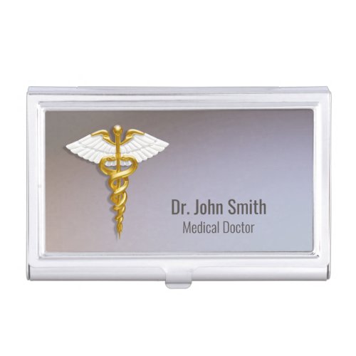 Medical Elegant Gold Caduceus White Wings Business Card Case